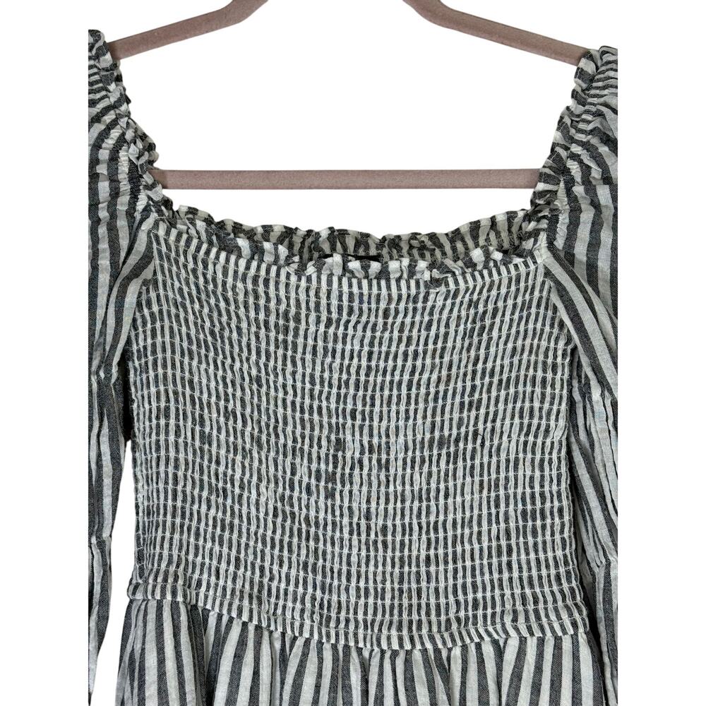 Aqua Gray & White Stripe Cotton Square Neck Smocked Lined Peasant Dress Size S - Picture 5 of 8
